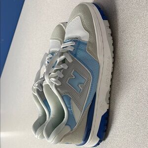 New Balance White and Light Blue Sneakers